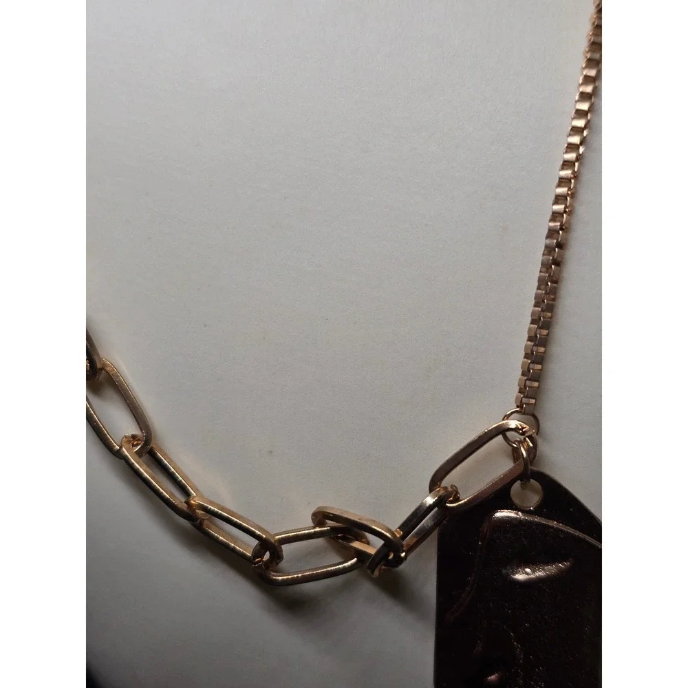 Rose Gold tone Mixed Chain Necklace Paperclip Box Link Abstract Face Pendant Tag